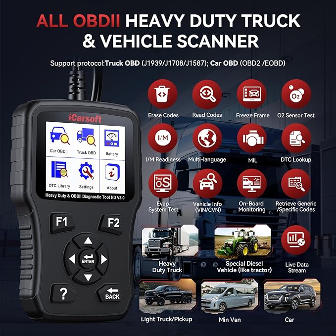 iCarsoft Heavy Duty Truck Scanner HD V3.0 All System Diesel Diagnostic Scan Tool Battery Test Code Reader for Freightliner, Paccar, International, Mack, Volvo, Hino, Isuzu, Cummins Heavy Duty Trucks