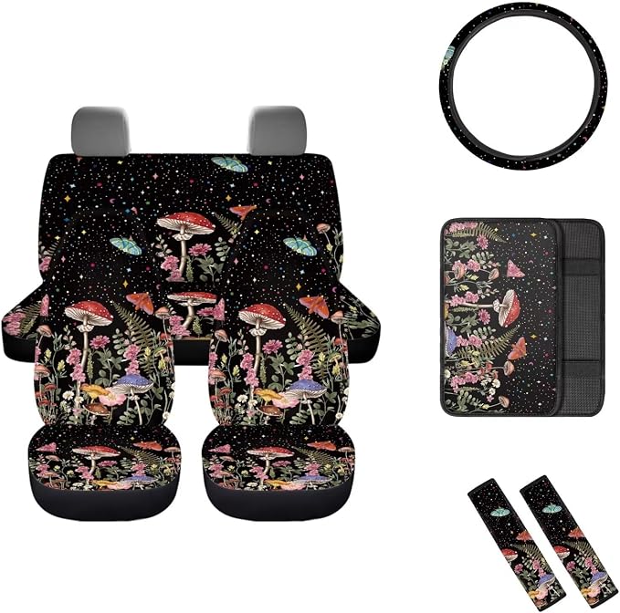 Mumeson Mushrooms Car Front Seat and Rear Bench Covers Car Seat Covers Set with 15 Inches Steering Wheel Cover Shoulder Cushion 15 Inches Steering Wheel Covers Armrest Cushion Pad