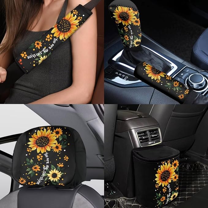 BIGCARJOB Sunflower Car Seat Accessories Full Set 15 Pack Cute Dog Paw Seat Cover for Cars Front and Rear Handbrake Cover,Headrest Pillow Cover,Seat Belt Pads,Universal Fit
