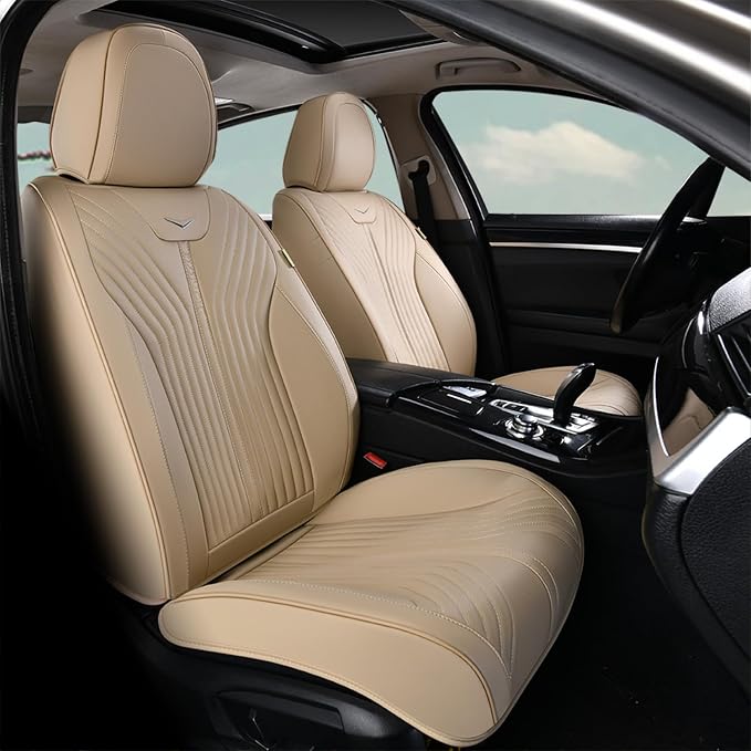 FLORICH Car Seat Covers Full Set Leather Front and Rear Seat Covers Luxury Automotive Car Seat Cover Car Seat Cushion Seat Protector Universal Fit for Most Cars Trucks SUV, Beige