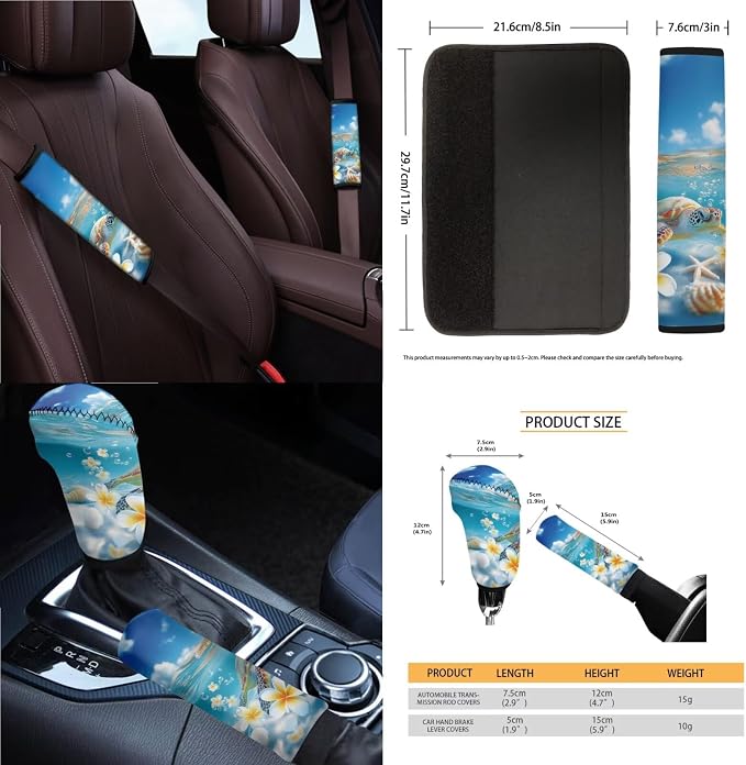 Sea Turtle Print Car Seat Covers Full Set Plumeria Starfish Print Front and Rear Car Seat Covers with Steering Wheel Cover Center Console Pad Safety Belt Pads Rearview Mirror Cover