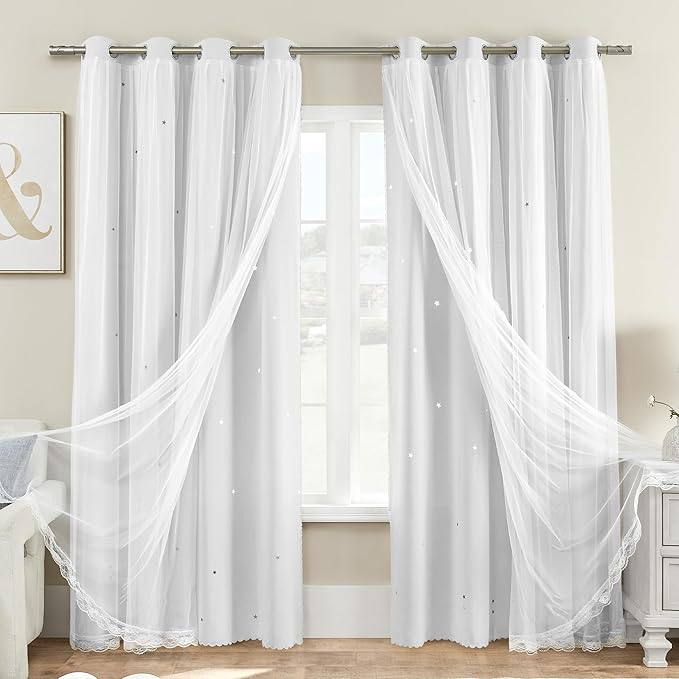 XiDi White Curtains for Kids Girls Bedroom 2 Panels Blackout Double Layer Curtains with Sheer Overlay 72 Inches Length for Nursery Princess Room Star Cut Out Home Decor Grommet Window Drapes W52 X L72