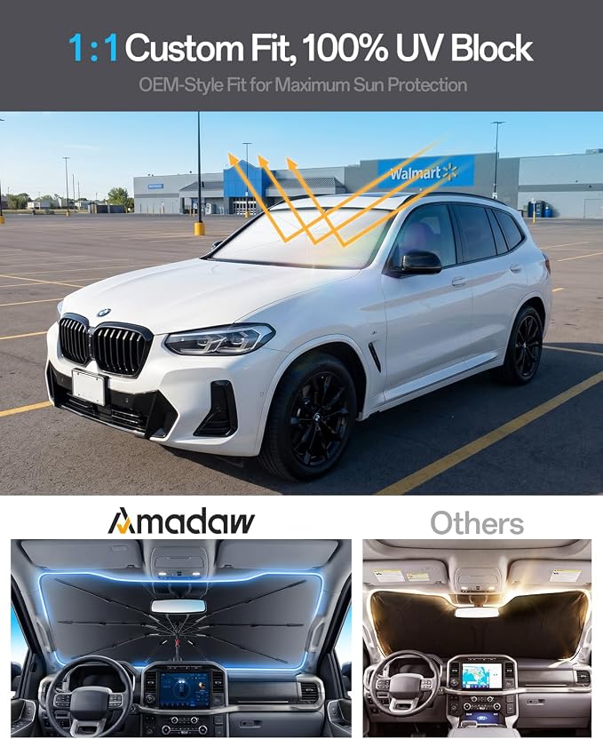 Windshield Sun Shade for BMW X3 2004-2026, Foldable Umbrella Sunshade with 100% UV Block, Multi-Layer Heat Insulation, Reinforced 10-Rib Frame, Keeps Car Cooler, Summer Car Accessory