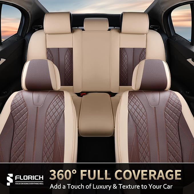 FLORICH Front and Back Seat Covers for Cars Leather Car Seat Cover Full Set 5 Seats Waterproof Seat Protector Automotive Seat Covers Carseat Cover Universal Fit for Most Cars SUV Trucks, Beige&Coffee