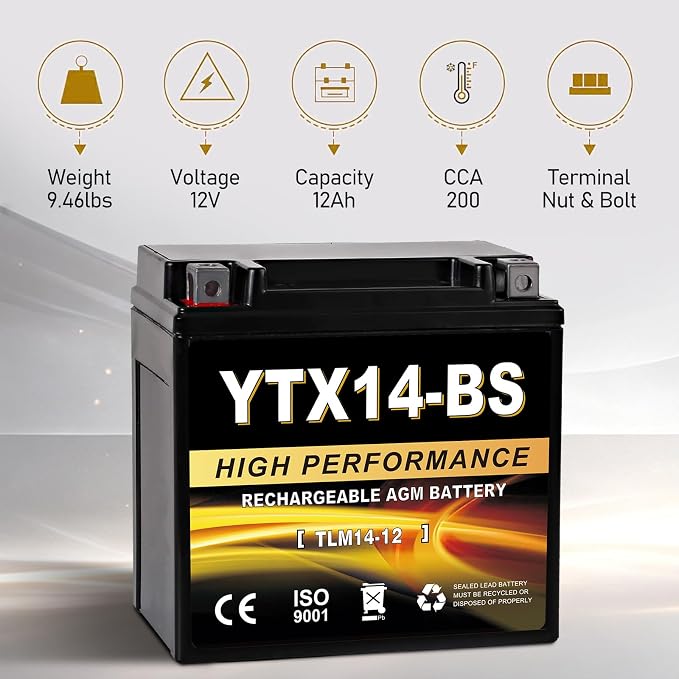 YTX14-BS 12V 14Ah AGM Sealed Motorcycle Battery, Maintenance-Free, Compatible with Honda, Yamaha, Kawasaki, Suzuki, and UTVs, Jet Skis, Snowmobiles