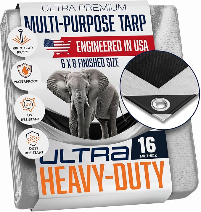 6x8 Ultra Heavy Duty Tarp, Extra Thick 16 Mil, UV Resistant, Grommets Every 18 Inches - Waterproof Plastic Poly Tarpaulin - (Reversible, Silver and Black) (6' x 8')