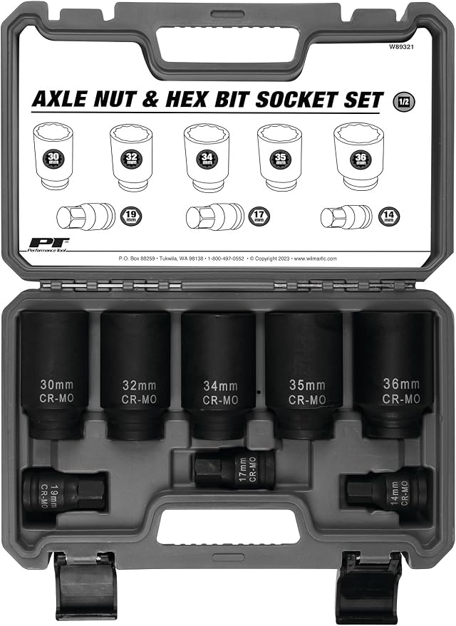 Performance Tool W89321 Axle Nut and Hex Bit Socket Set (8 Pieces) - Chrome Molybdenum Steel Construction, Extra-Deep Sockets for Secure Grip, Corrosion Protection, Fitted Storage Case - 1/2 in. Drive