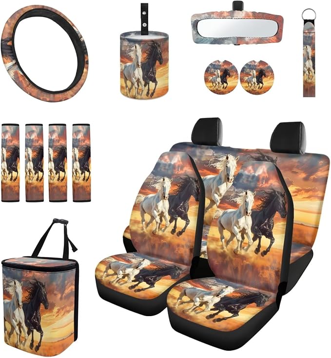 15 Pcs Car Seat Covers Full Set for Women Horse Car Accessories Interior Car Steering Wheel Cover Seatbelt Covers Trash Bin Rear View Mirror Cover Cup Holders Keychain