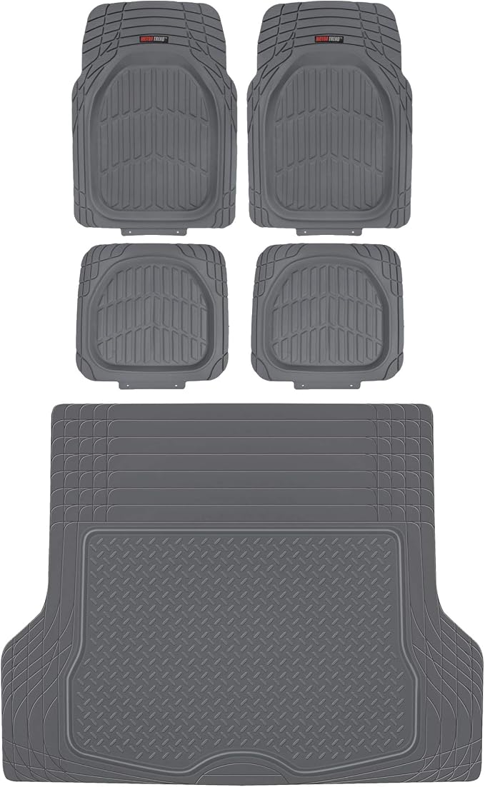 Motor Trend FlexTough Tortoise Rubber Car Floor Mats with Trunk Mat Cargo Liner, Front & Rear Combo Set fits Most Car SUV Van Coupe Sedan, Heavy Duty All Weather Trim to Fit