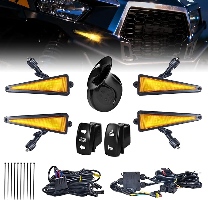 UTV Turn Signal Kit with Rocker Switch and Triangle Amber Light,Horn,Pre-Wired, Plug and Play, Compatible with Polaris, Pioneer, CFMOTO,Can-Am, Kawasaki