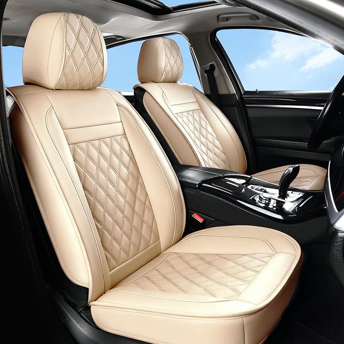 Huidasource Beige Car Seat Covers Front Seats, Front Seat Cover for Cars, Nappa Leather Automotive Car Seat Cushion Protector Universal Fit for Most Cars,Vans,Trucks, SUVs (Front Pair/Beige)