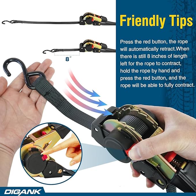 Retractable Ratchet Straps 4 Pack - 1" x 10' Each, Ratchet Straps Self Retractable 1500 lbs Break Strength. Weather Resistant Safety S-Hooks, Perfect for Boat, Securing Cargo, Any Hauling Job