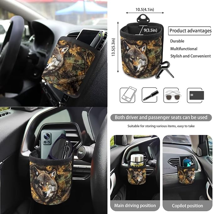 Wolf Hunting Camo Print 15 Pieces Car Accessories, Car Seat Cover Steering Wheel Cushion, Seat Belt Pad Trash Can Air Vent Storage Bag Cup Coasters Rearview Mirror Cover Keychain