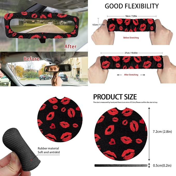15 Pcs Red Lip Car Seat Covers Full Set for Women Car Accessories Interior Car Steering Wheel Cover Seatbelt Covers Trash Bin Rear View Mirror Cover Cup Holders Keychain
