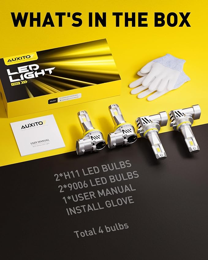 AUXITO Upgraded 9005/HB3 H11/H8/H9 Bulbs Combo, 1000% Highly Bright 6500K Cool White, Real 1:1 Mini Size, Canbus Direct Install Plug and Play, Pack of 4