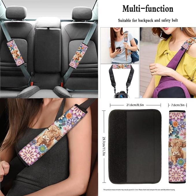 Boho Mandala Highland Cattle Pattern Car Accessories Car Seat Covers Full Set with Steering Wheel Covers+Seat Belt Pads+Coasters+Keychain+Lipstick Holder Universal Fit(13 Pack)