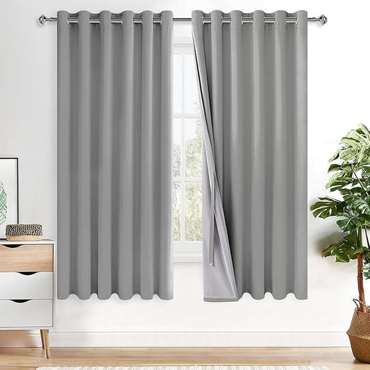 XWZO 100% Blackout Window Curtains - Thermal Insulated & Completely Room Darkening Black Liner Window Treatment with Tiebacks for Bedroom/Living Room, Light Grey, W70 x L63, Set of 2 Panels