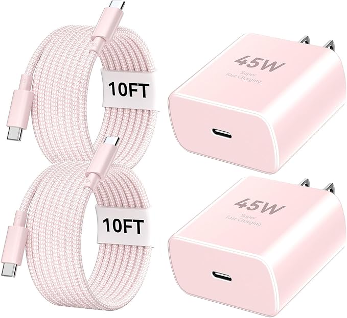 Phone 17 16 Pro Max Charger Fast Charging, 45W Super Fast USB C Charger Block with 10FT Nylon Braided Charging Cable for 17 16 Pro Max/17 16 Pro/16 Plus,15 Pro Max/15 Pro/15/Air, Android Phone-Pink
