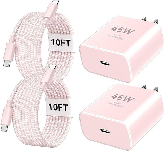Phone 17 16 Pro Max Charger Fast Charging, 45W Super Fast USB C Charger Block with 10FT Nylon Braided Charging Cable for 17 16 Pro Max/17 16 Pro/16 Plus,15 Pro Max/15 Pro/15/Air, Android Phone-Pink