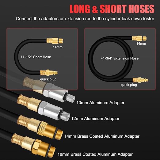 JIFETOR Cylinder Leak Down Tester Kit, Automotive Engine Compression Dual Gauge Leakdown Test Set with 10 12 14 18mm Spark Plugs Universal for Small Engine Motorcycle ATV, Red Case