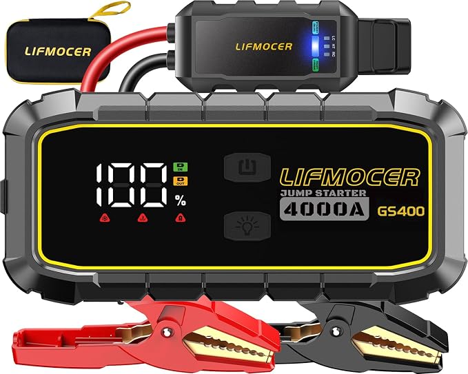 LIFMOCER GS400 Jump Starter - 4000A Car Battery Jump Starter for Up to 12.0L Gas and 10.0L Diesel Engines, 12V Portable Jump Box with Storage Case USB Quick Charge, and LCD Display
