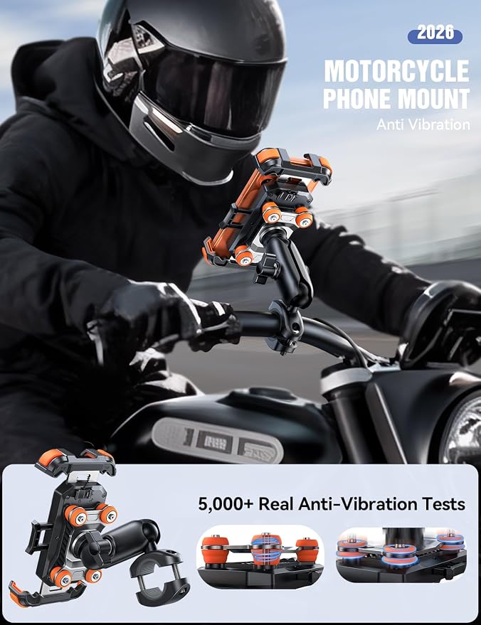 JOYROOM Motorcycle Phone Mount Holder - [Dual Vibration Dampener] 100mph Anti-Shock Phone Holder for Motorcycle [Metal Adjustment Arm] Bicycle Bike Phone Holder Mount for 4.7-7" Cell Phones, Orange