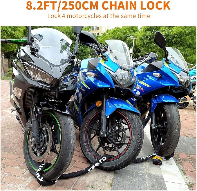 Motorcycle Chain Lock 8.2feet/250cm Long Heavy Duty Anti-Theft 10mm Thick Chain with Bright-Colored Lock,Security with 4 Keys for Containers,Trailers,ATV(12.65lbs)