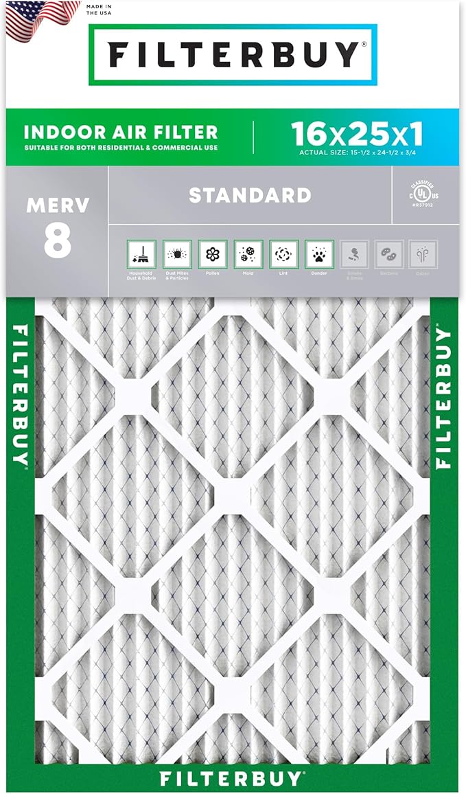 Filterbuy 16x25x1 Air Filter MERV 8 Essential Dust & Allergy Defense (1-Pack), Electrostatic Pleated HVAC AC Furnace Filters Replacement (Actual Size: 15.50 x 24.50 x 0.75)