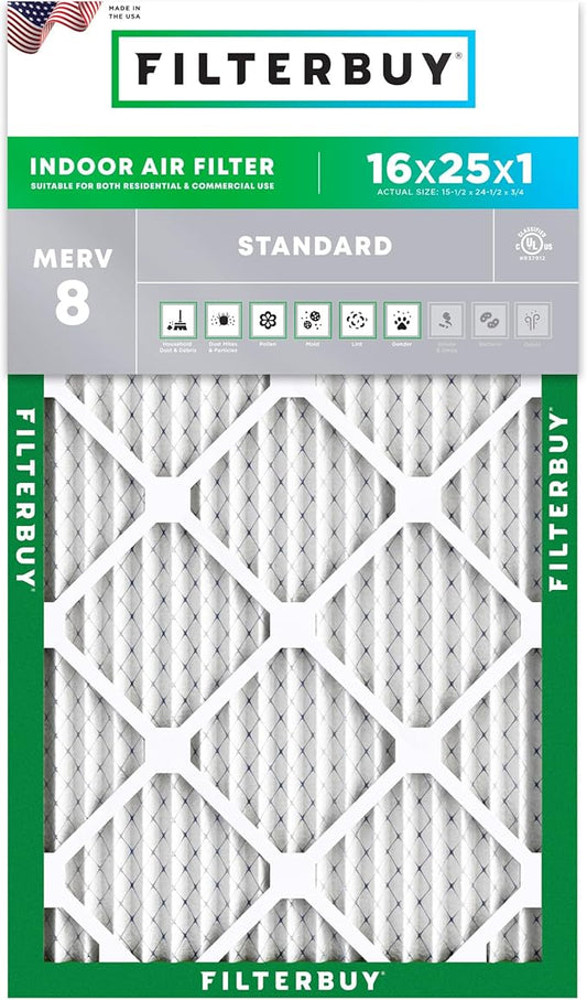 Filterbuy 16x25x1 Air Filter MERV 8 Essential Dust & Allergy Defense (1-Pack), Electrostatic Pleated HVAC AC Furnace Filters Replacement (Actual Size: 15.50 x 24.50 x 0.75)
