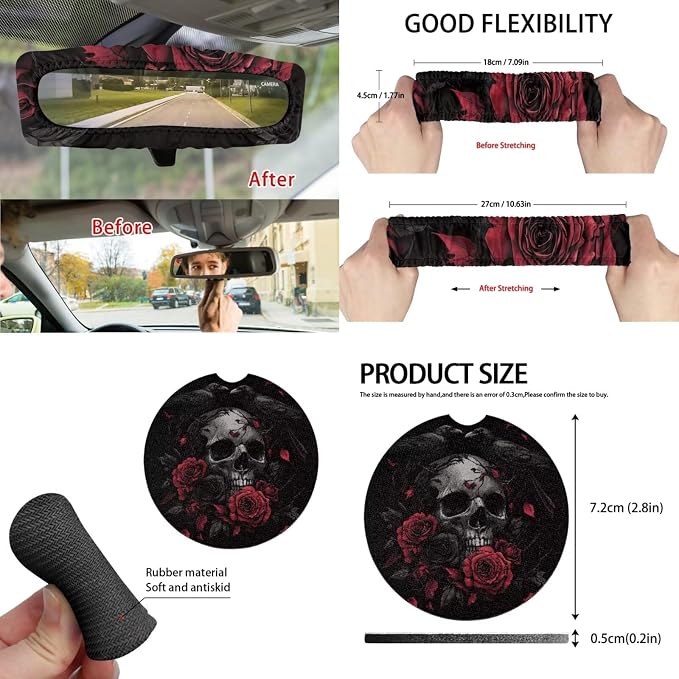 15Pcs Rose Raven Skull Car Seat Cover Full Set for Women with Car Steering Wheel Cover Seat Belt Cover Trash Bin Front Rear View Mirror Car Cup Holder Keychain
