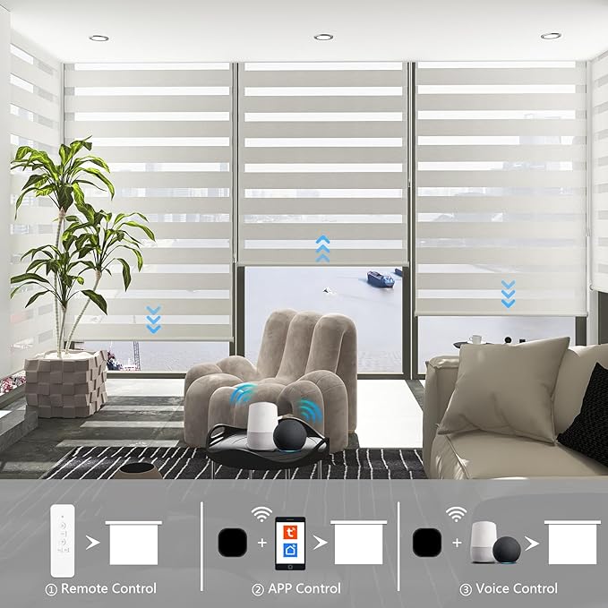 Motorized Blinds with Remote, 90% Blackout Smart Electric Zebra Shades, Built-in Rechargeable Tubular Motor Automatic Blinds for Window Compatible with Alexa Google (Striped Grey, 45" W x 72" H)