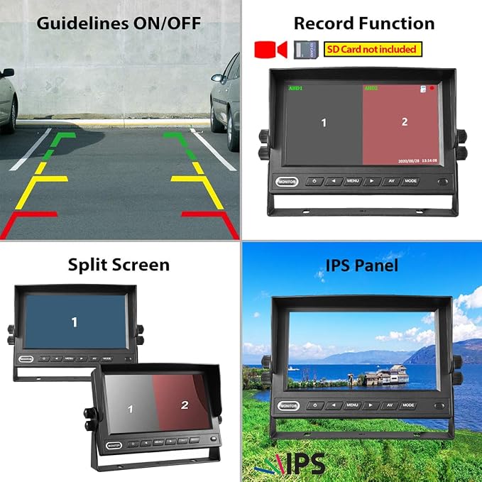 7" Car Monitor with DVR Recording Dual Split Screen Display 4-Pin Connector | 1024x600 IPS Screen, DVR Loop Recording, Supports 2 camera inputs (CVBS & AHD), Compatible 4-Pin Vehicle Camera Systems