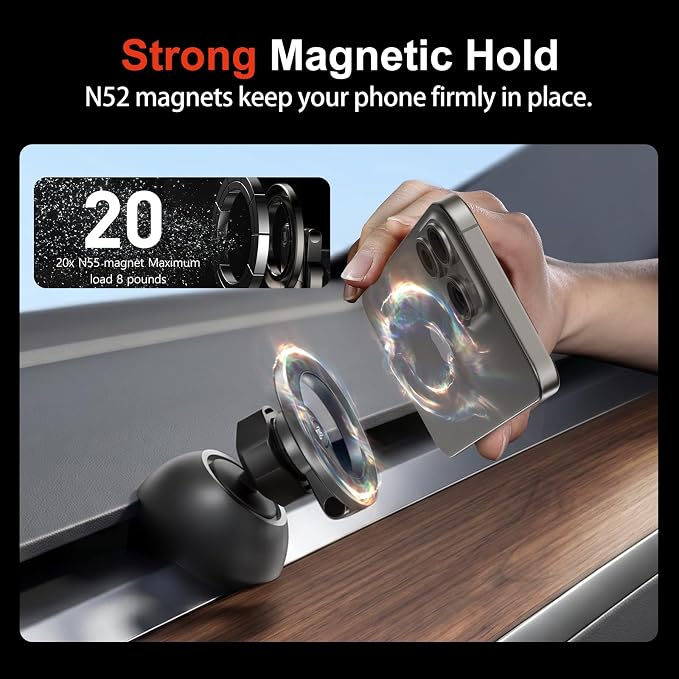 YONZEE Magnetic Phone Mount Compatible with 2020-2024 Tesla Model Y and 2016-2023 Model 3, Dashboard Ball Joint Base, Strong Magnetic Ring, 360° Rotation