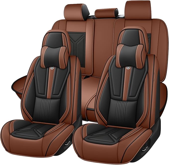Arazi Fit for 90% of Mercedes-Benz Seat Covers, 360° Full Wrap Original Seat Cover, Waterproof Nappa Leather Seat Covers with Big Space Storage Pocket Seat Protector（5 Seats Luxury, Black&Brown）