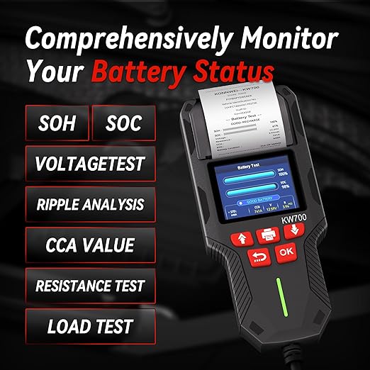 KONNWEI Car Battery Tester with Printer, 12V 24V Automotive Battery Load Tester 10-2000CCA, Cranking and Charging Test Battery Analyzer Alternator Tester for Car Truck Motorcycle (Paper Included)