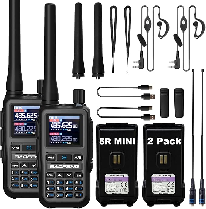 BAOFENG UV-5R Mini Two Way Radio BF-5R Mini Walkie Talkie Wireless Power Adjustable Tiny Size Frequency Copy 999 Channels Type-C Four Colors Portable Ham with 771 Antenna and Headset（2 Pack） (Grey)