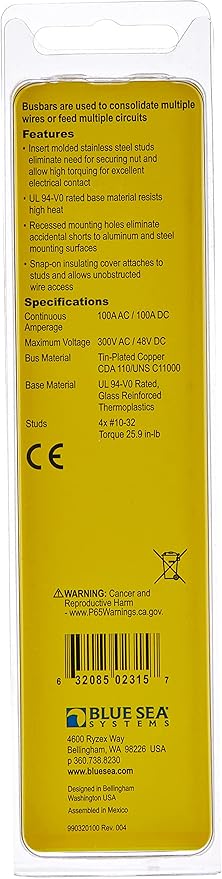Blue Sea Systems 2315 100 Amp Mini BusBar with 4 studs and a cover