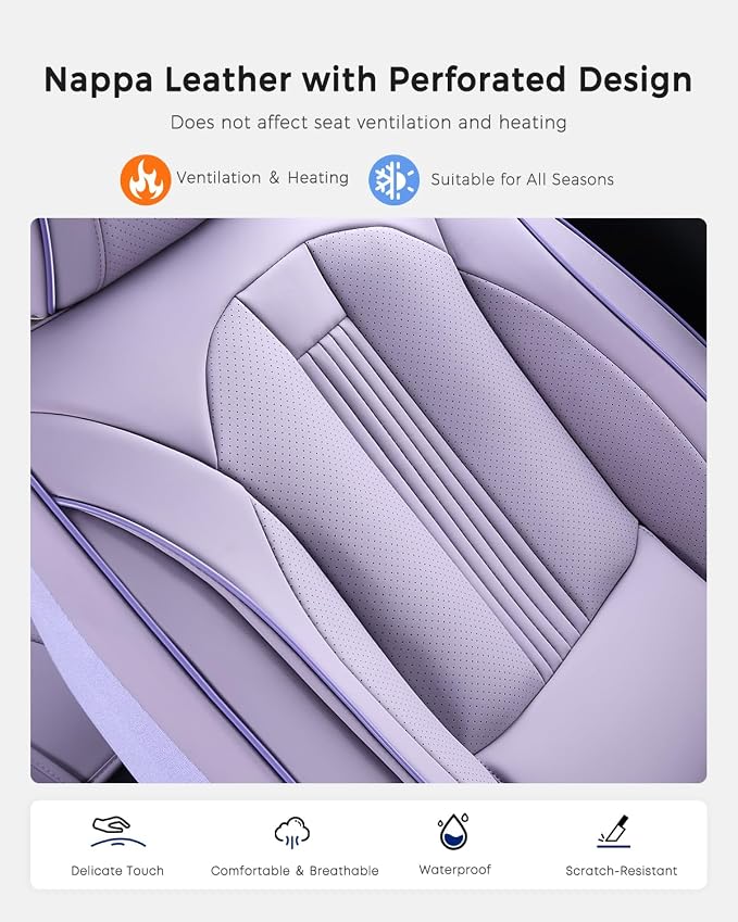 Huidasource Purple Front Seat Cover, Nappa Leather Front Car Seat Cover with Lumbar Support, Ventilation Holes, Side Elastic Fabric, Airbag, Full-Coverage Seat Covers, for Most Cars SUV Trucks, Purple