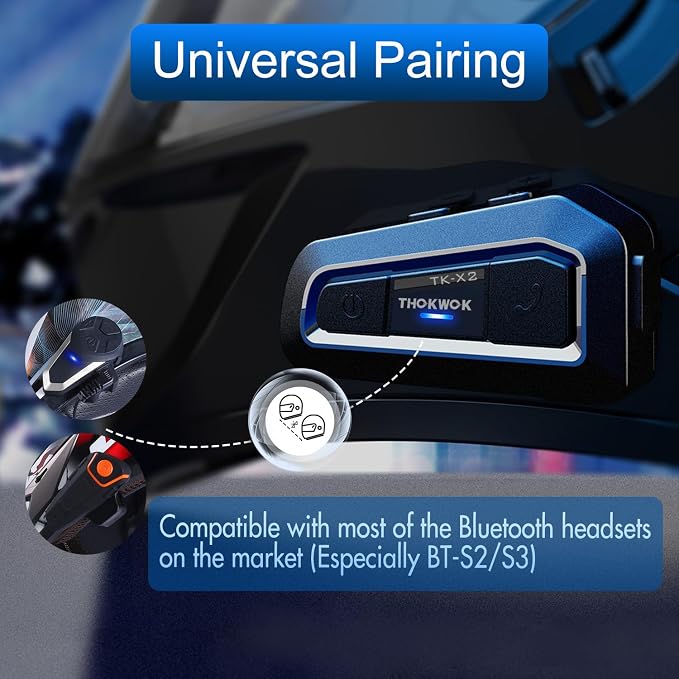 Helmet Bluetooth Headset Up to 3 Riders, TK-X2 1000m Motorcycle Bluetooth Headset Intercom with Noise Cancellation/FM Radio/Stereo Music, Universal Communication System Headphones for ATV/Ski (Pack 2)