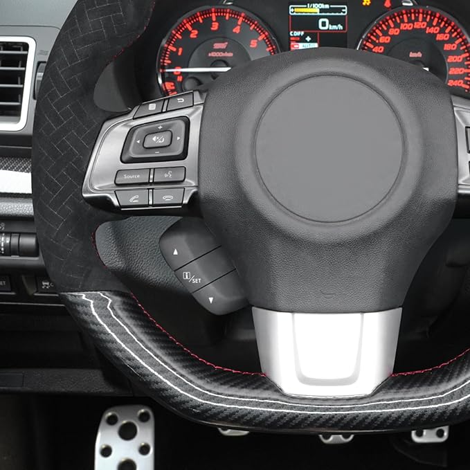 MEWANT Hand Stitch Black Shiny PU Carbon Fiber Woven Embossed Athsuede Steering Wheel Cover for Subaru WRX STI 2015-2021