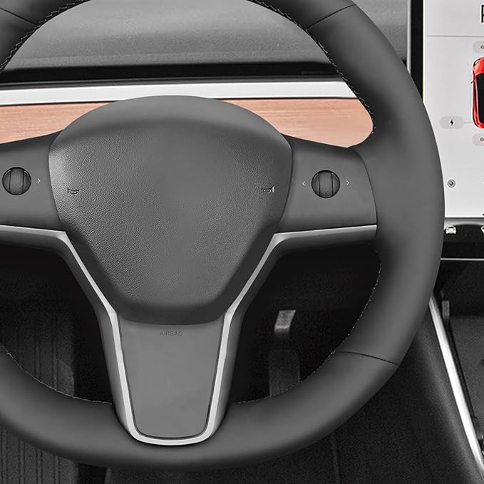 MEWANT Steering Wheel Cover Wrap for Tesla Model Y 2020-2023 Model 3 2017-2023 Made of Black Smooth Artificial Leather