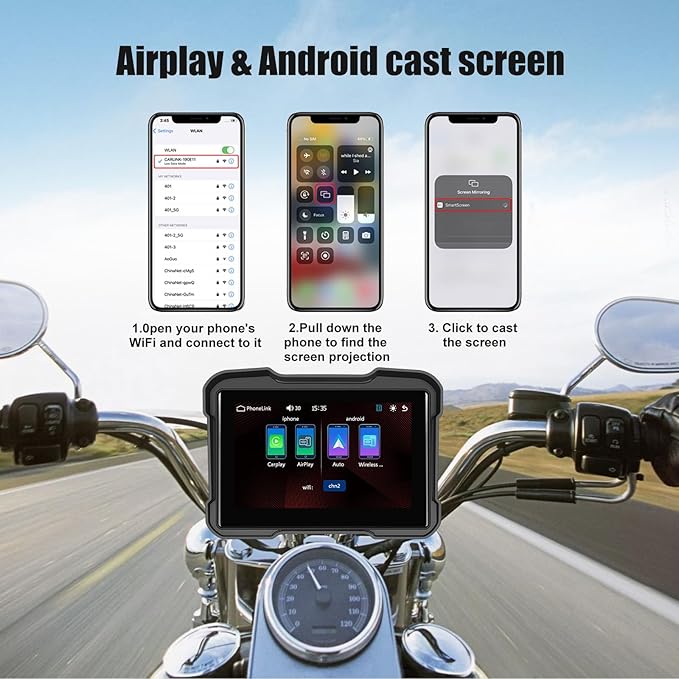 Motorcycle GPS Navigation System with Wireless Carplay Android Auto 5" Moto CarPlay Screen with Dual Bluetooth, Navigation/Siri/G00gle Assistant Waterproof