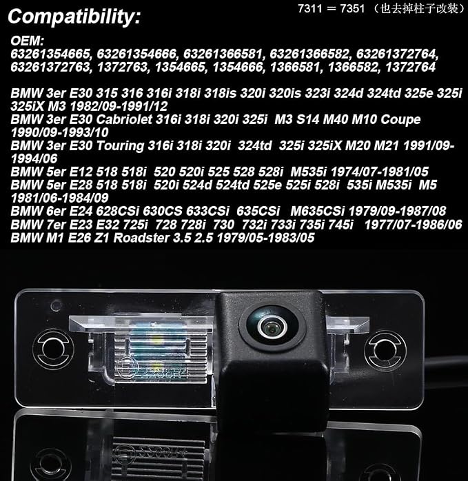 Car Backup Camera Fit for BMW 3er E30 315 316 316i 318i 318is 320i 320is 323i 324d 324td 325e 325i 325iX M3 S14 M40 M10 M20 M21 E12 E28 518 518i 520 520i 525 528 528i M535i E24 E23 E32 E26 Z1 Reverse