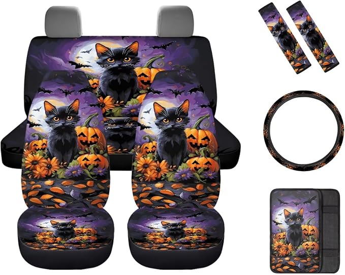 Black Cat Pumpkins Print Car Seat Covers Full Set with Car Steering Wheel Cover, Auto Armrest Pad Protector, Auto Seat Belt Pads, Automotive Halloween Decorations