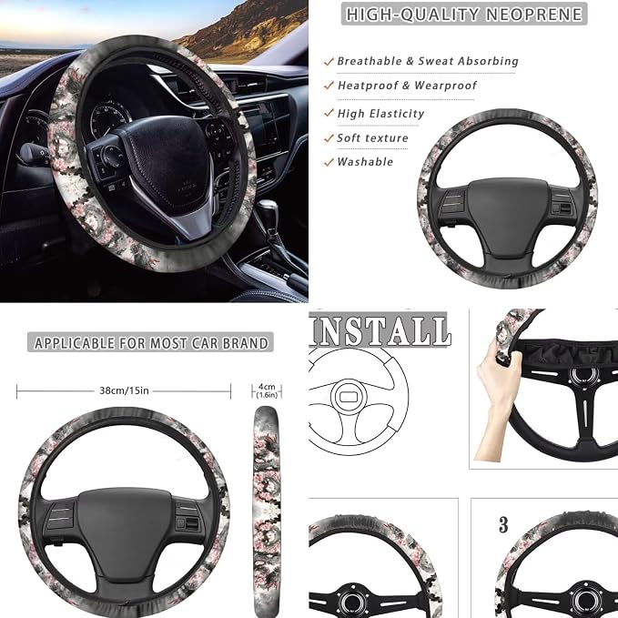 Cool Dragon Cherry Blossom Print Car Accessories Car Seat Covers Full Set with Steering Wheel Covers+Seat Belt Pads+Coasters+Keychain+Lipstick Holder Universal Fit 13 Pack