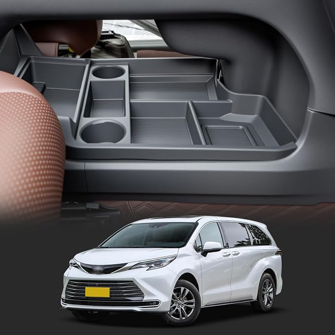 for with 2021-2026 Toyota Sienna Center Console Organizer with Cup Holder, Lower Storage Box Accessories (TPE Material with Original car Wood Grain, Grey)