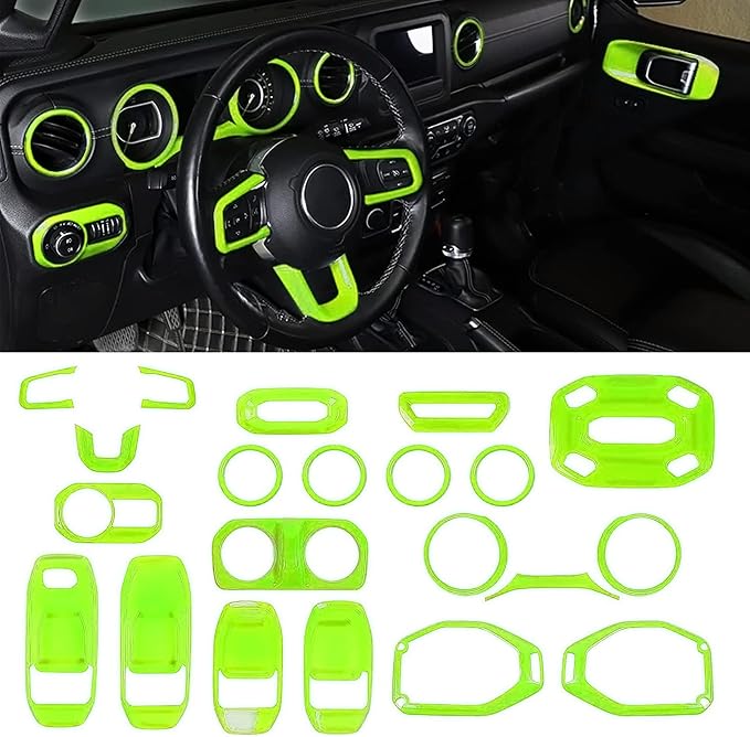CheroCar 21PCS Full Set Interior Decoration Trim Kit for 2018-2026 Jeep Wrangler JL JLU & Gladiator JT Steering Button Frame, Air Conditioning Vent, Reading Light,Speaker (Green)