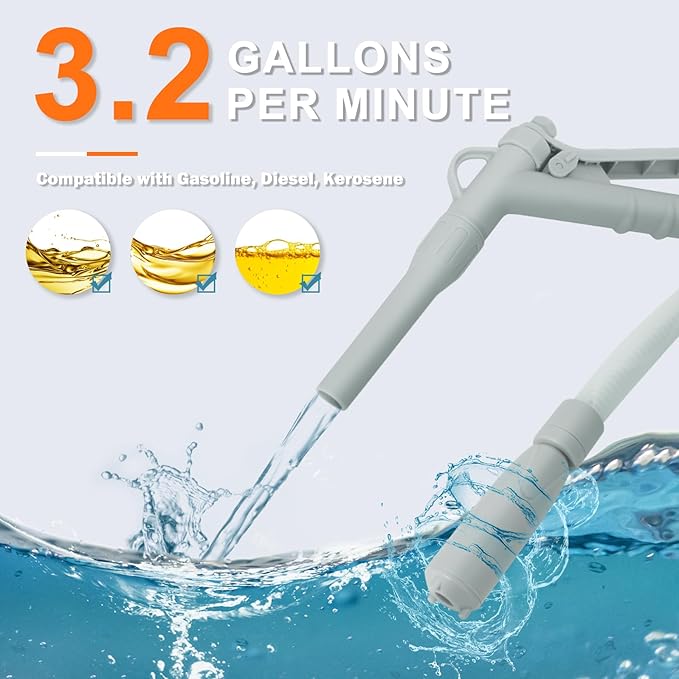Gas Can Fuel Pump Portable - Gifts for Men, Fast 3.2 GPM Flow Rate, 51” Flexible Intake Hose, Tank Adapter, for Gasoline, Kerosene, Diesel, Non-Potables Gray