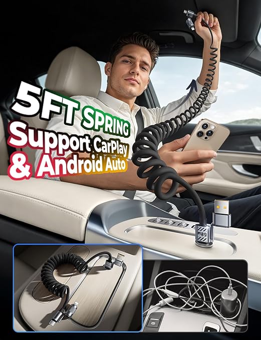 Coiled Black Cable 4-in-1 USB C Cable 60W Compatible with Lightning Cable Fast Charging & Data Transfer, Support to CarPlay & Android Auto, 5FT Multi Cord Combo Charger for iPhone/iPad