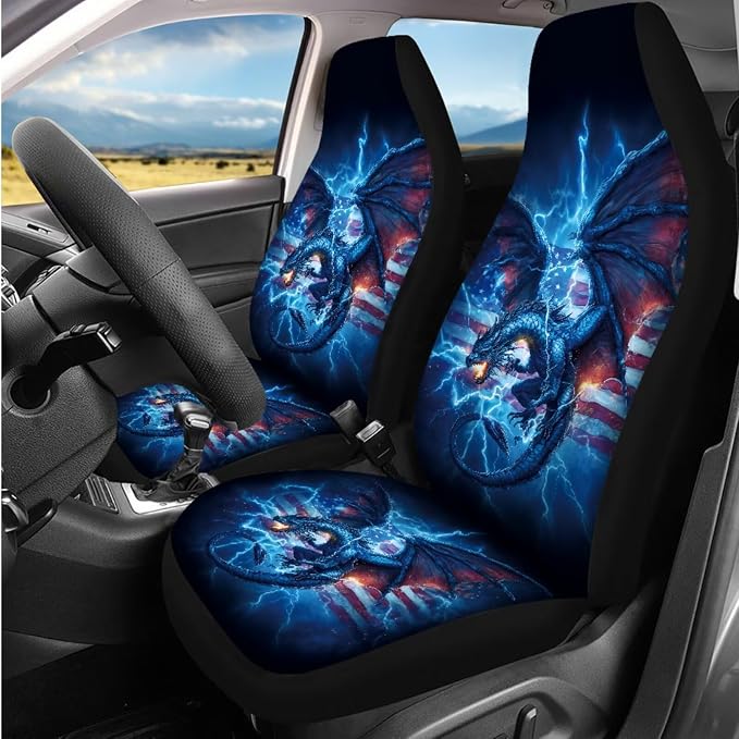 Bulopur Western Dragon Auto Seat Covers with Car Steering Wheel Cover Lightning American Flag Car Armrest Cushion Pads Headrest Covers Vehicle Seat Belt Covers Automotive Accessories for SUV Truck Van